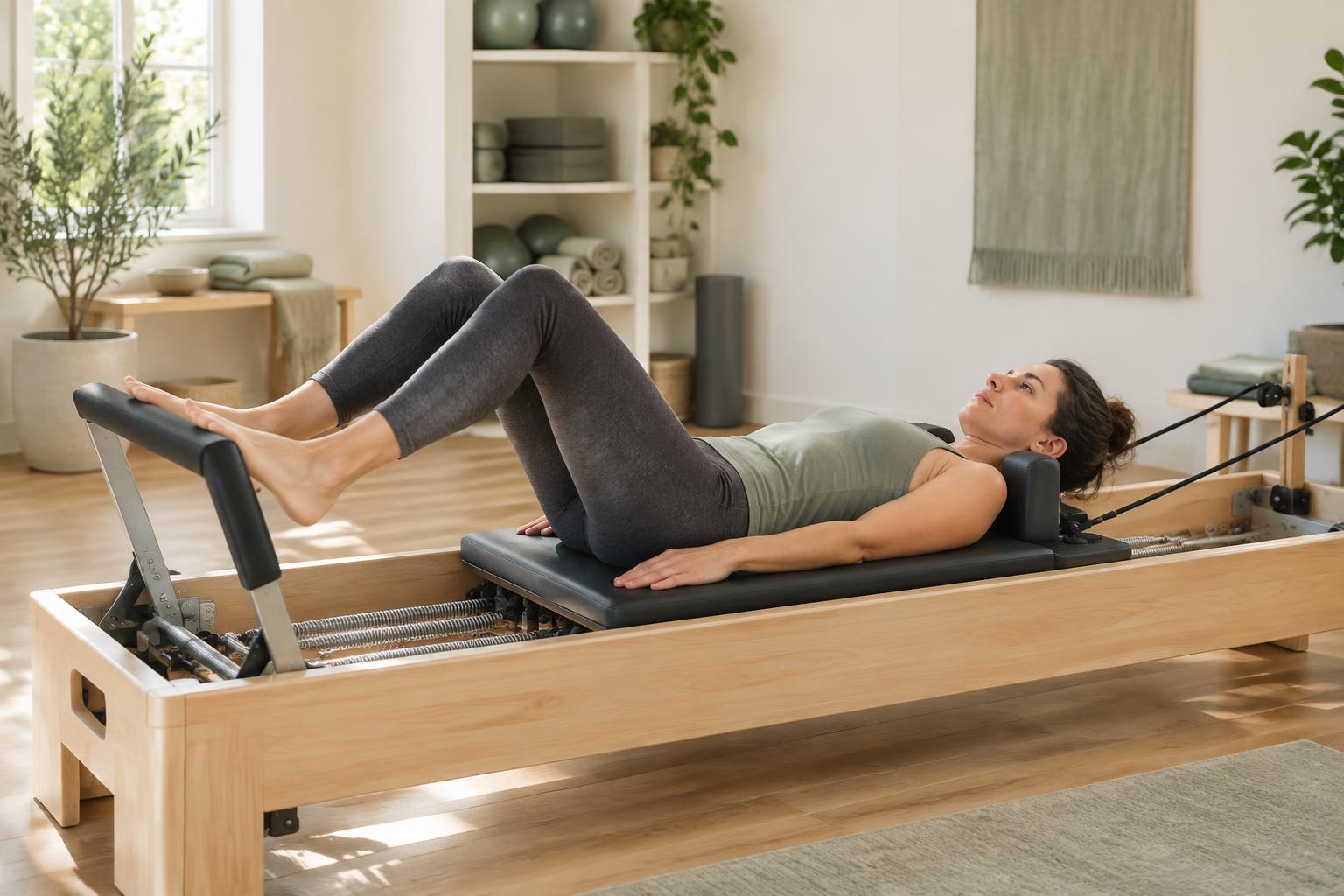 Une femme pratique le Pilates reformer — illustration générée par IA